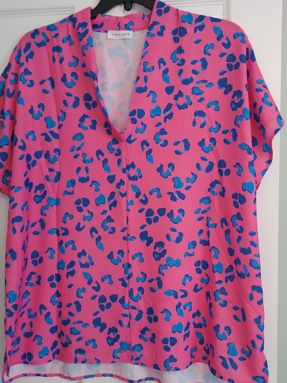 Pink & Blue Leopard Print V-Neck Blouse 1x